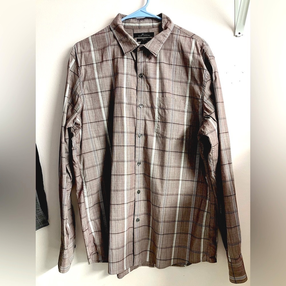 Marc Anthony Men’s Dress Shirt, Large, Slim Fit, Stretch, Plaid, Lt Maroon